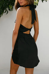 Solid Satin Halter Neck Open Back Slit Mini Dress Gown